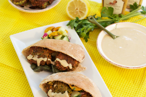 The Girl in the Little Red Kitchen — Spinach Falafel with Hatch Chili Mustard Tahini Sauce