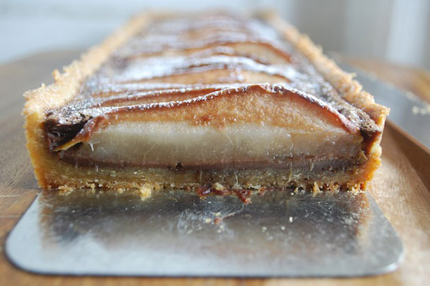 Chocolate Pear Custard Tart with an Almond Shortbread Crust