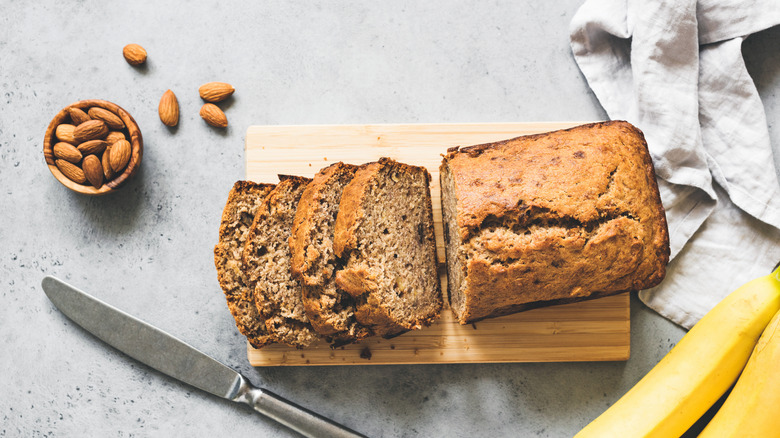 sliced banana bread on cutting board