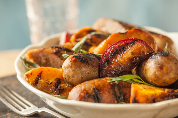 Grilled Sausages with Maple-Glazed Fruit Recipe