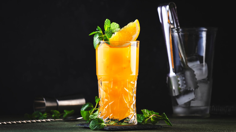 Screwdriver cocktail with mint leaves and orange slice