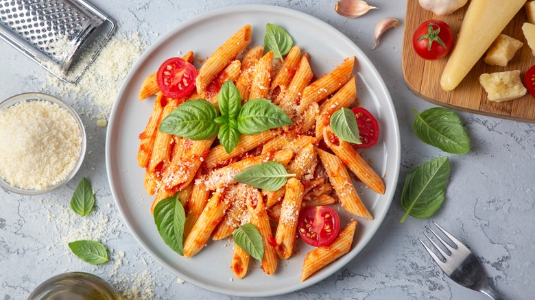 Penne marinara with basil parmesan