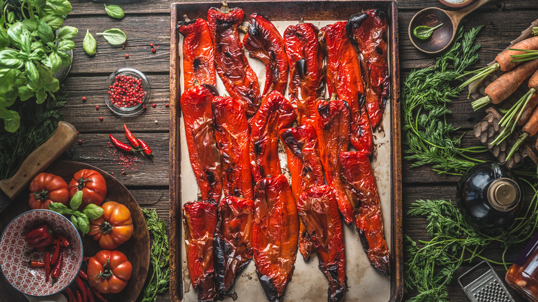 Roasted red peppers on pan