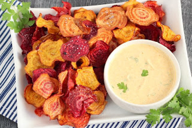 Beet Chips with Curried Yogurt Dip