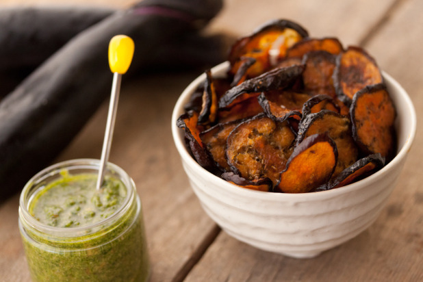 Eggplant Chips with Cilantro Pesto