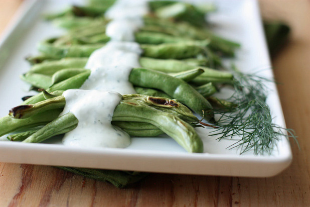 Grilled Green Beans with Dill-Feta Sauce