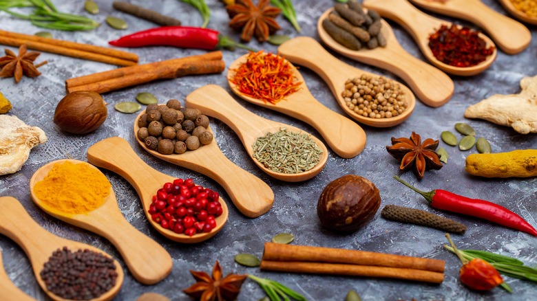 variety of spices on wooden spoons