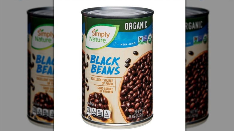 Can of Aldi's Simply Nature organic black beans on white background