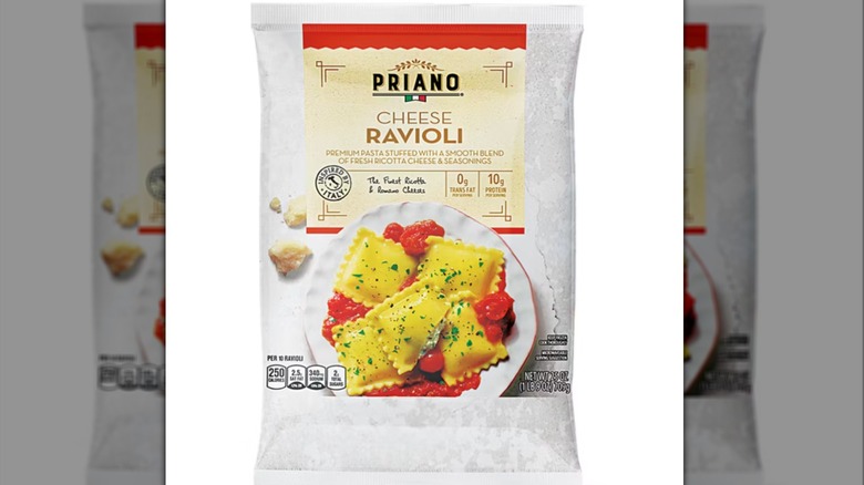 Aldi's Priano cheese ravioli on white background