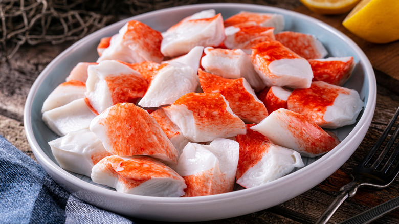 Imitation crab flakes in bowl 