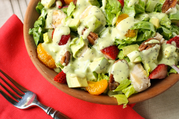 Chicken Strawberry Salad with Avocado Poppy Seed Dressing