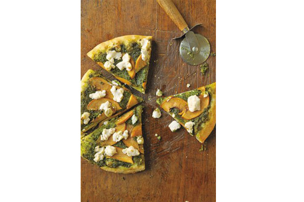 5. Pizza with Goat Cheese, Peaches, and Almond-Tarragon Pesto 