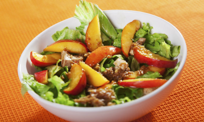 Grilled Chicken Salad with Spiced Pecans, Gorgonzola, and Peaches