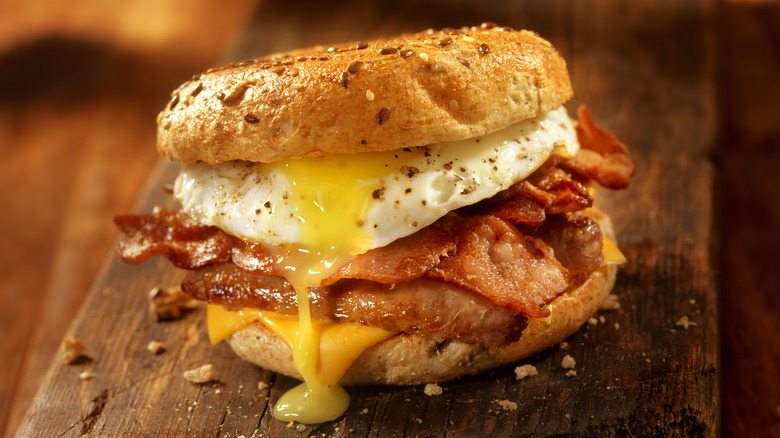 Bagel, bacon, and egg breakfast sandwich 