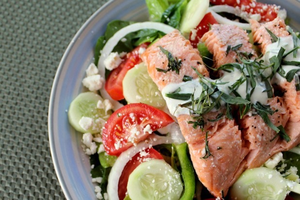 Lemon-Tarragon Salmon with Greek Salad and Yogurt Dressing