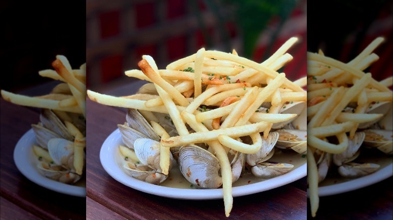 Fries and clams on plate