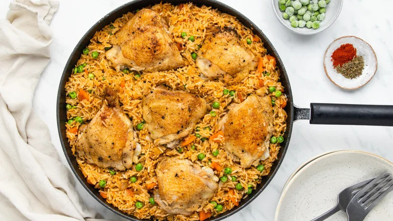 1 pot chicken and rice in pan