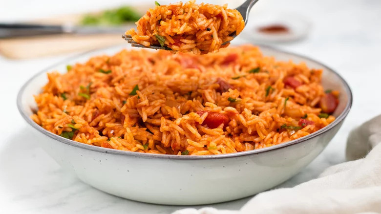 Mexican rice in bowl with beans