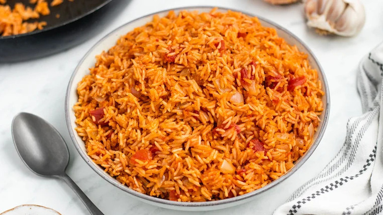 Spanish rice on white tablecloth