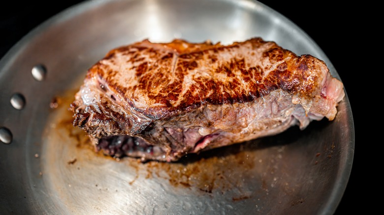 meat seared in stainless steel pan