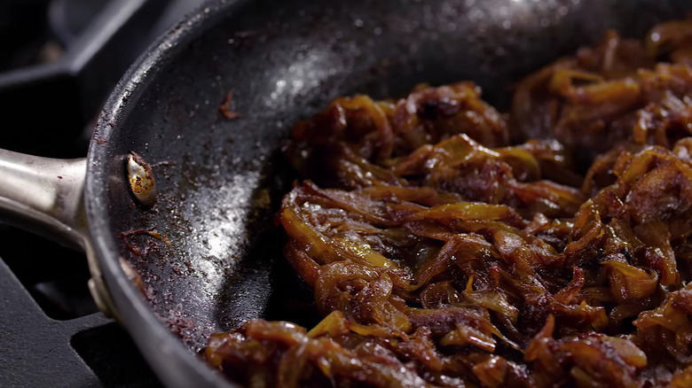 Caramelized onions in a frying pan