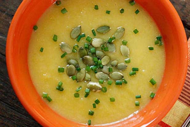 Roasted Acorn Squash and Leek Soup with Pepitas