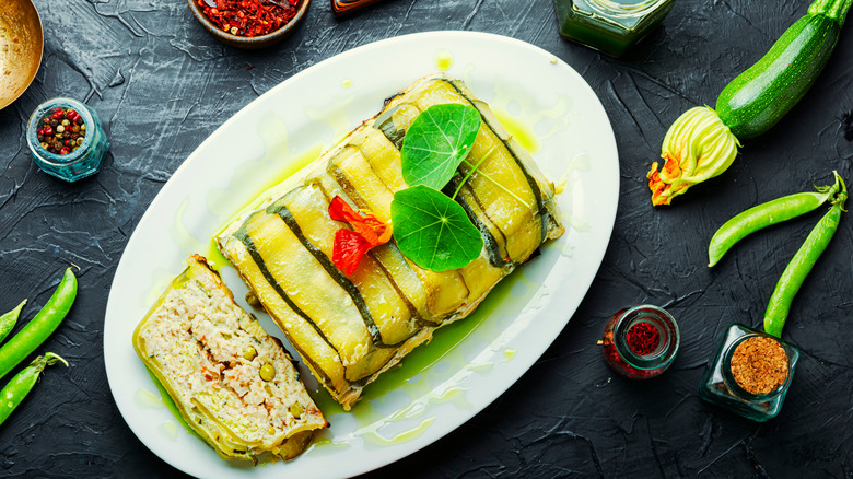 Zucchini slices atop meatloaf