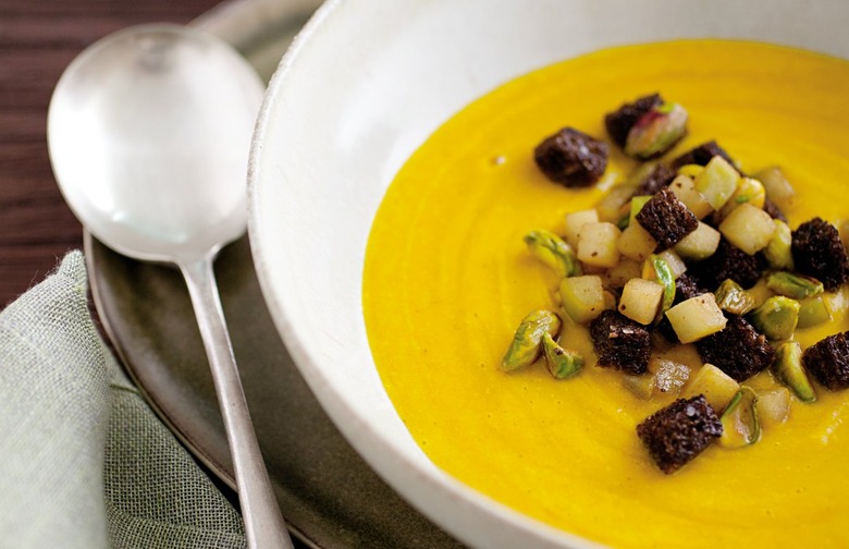 Acorn Squash Soup with Pistachios, Black Bread, and Apples