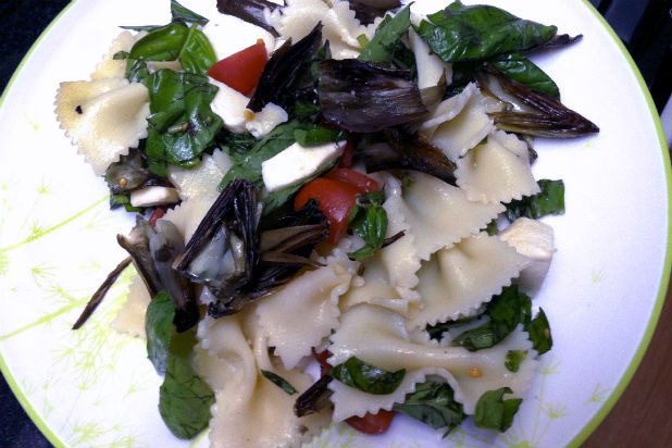 Pasta Salad with Roasted Artichokes, Basil, Tomatoes, and Mozzarella