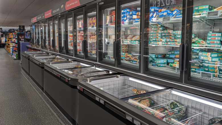 Row of freezers at an Aldi supermarket