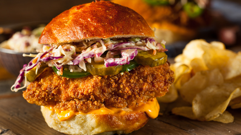 Fried chicken sandwich and chips