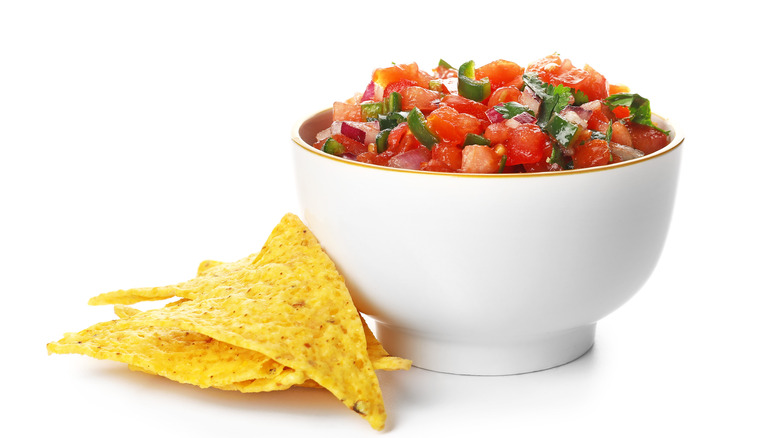 Tortilla chips and salsa white bowl & background