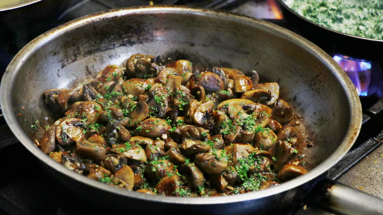 A pan of sautéed mushrooms