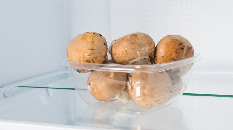 Container of mushrooms in fridge