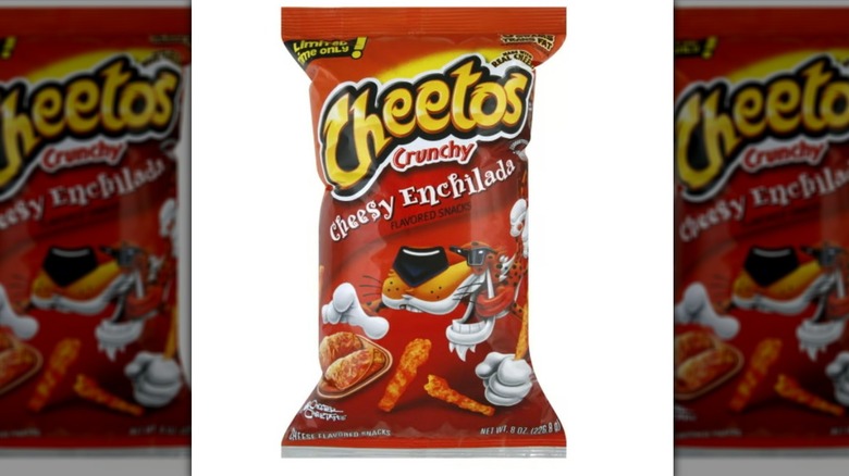 A bag of Cheesy Enchilada Cheetos on white background