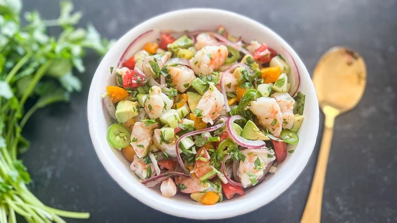 Shrimp ceviche in a white bowl