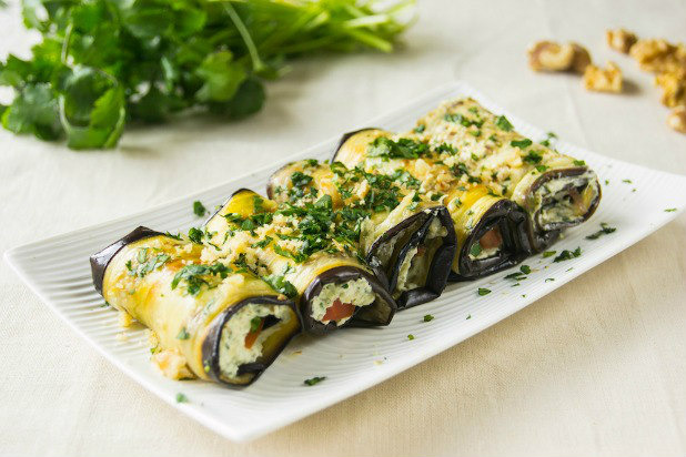 Eggplant Rolls with Cream Cheese, Walnuts, and Cilantro