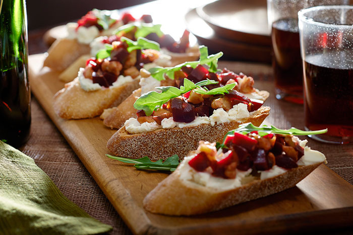 Roasted Beet, Feta & Walnut-Topped Crostini