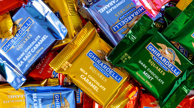 An assortment of various Ghirardelli square flavors