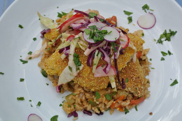 Southern-Style Catfish with Tomato-Zucchini Rice Recipe