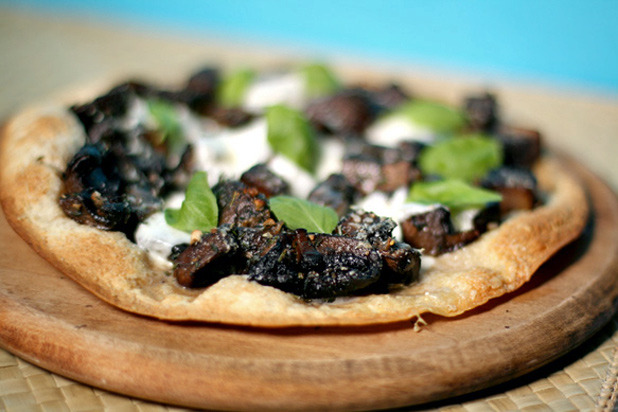 Flatbread Pizza with Mozzarella, Portobello Mushrooms, and Fresh Herbs