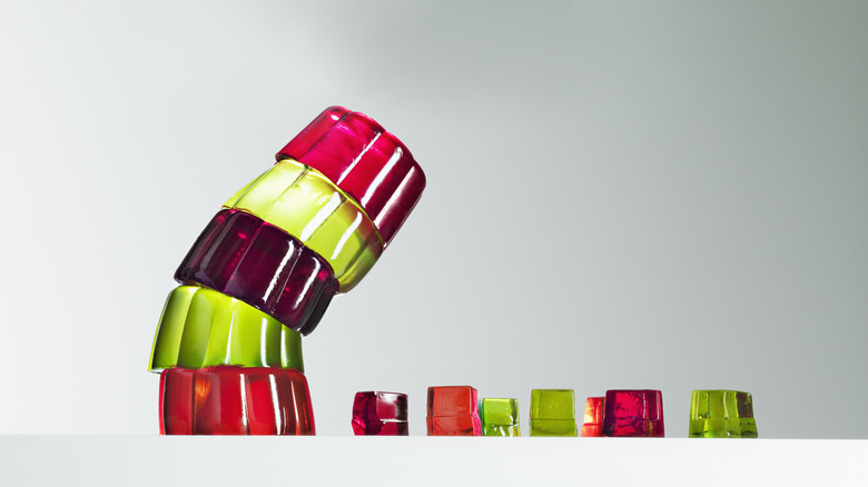 Multi-colored gelatin tower leaning