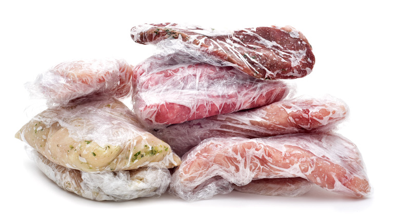 frozen meats in plastic wrap