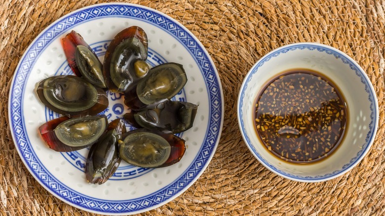 Century eggs, garlic soy sauce