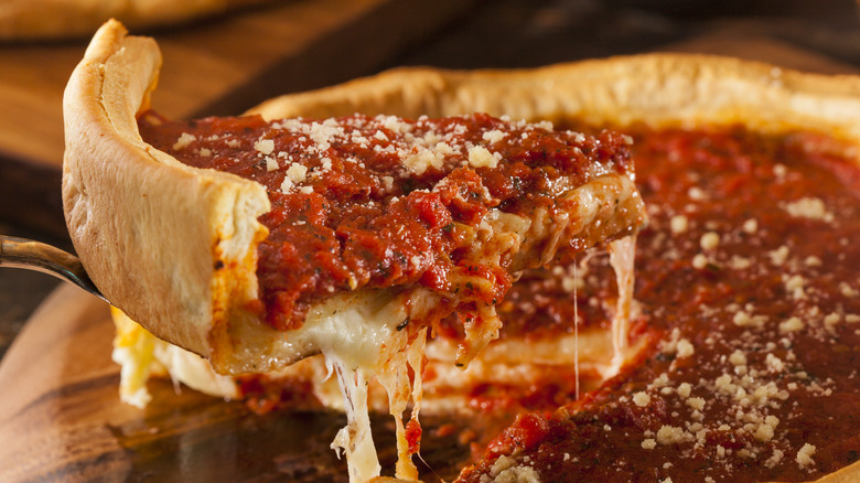 slice of deep dish pizza