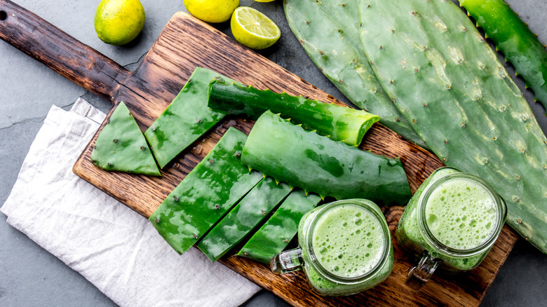 nopales, aloe vera, and green smoothie on wooden board