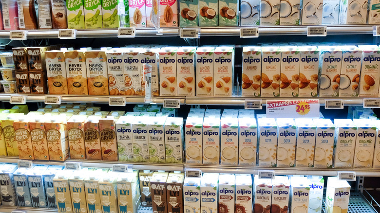 Large variety of nut milk in grocery store