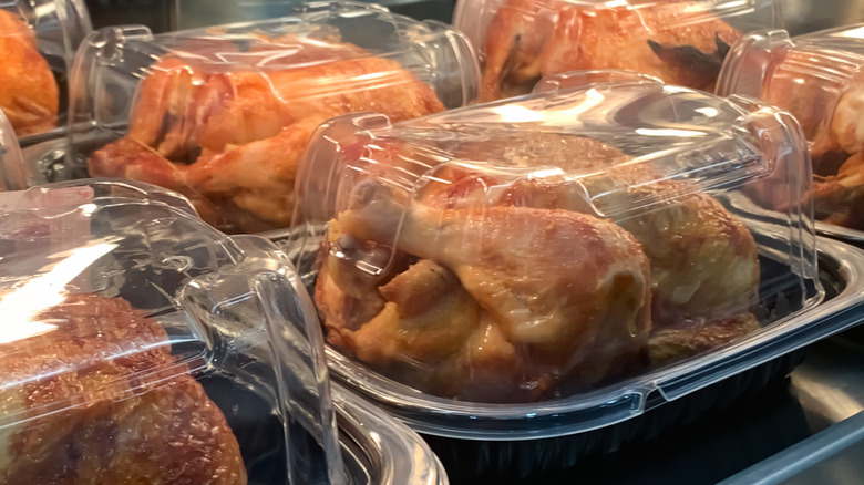 Rotisserie chickens in packaging for sale 