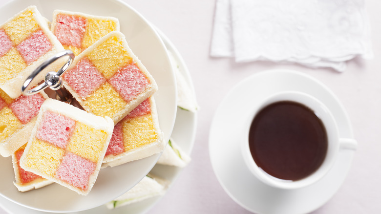 Battenberg cake and teacup