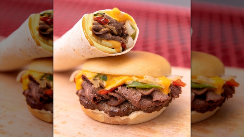 cheesesteak burger and breakfast burrito